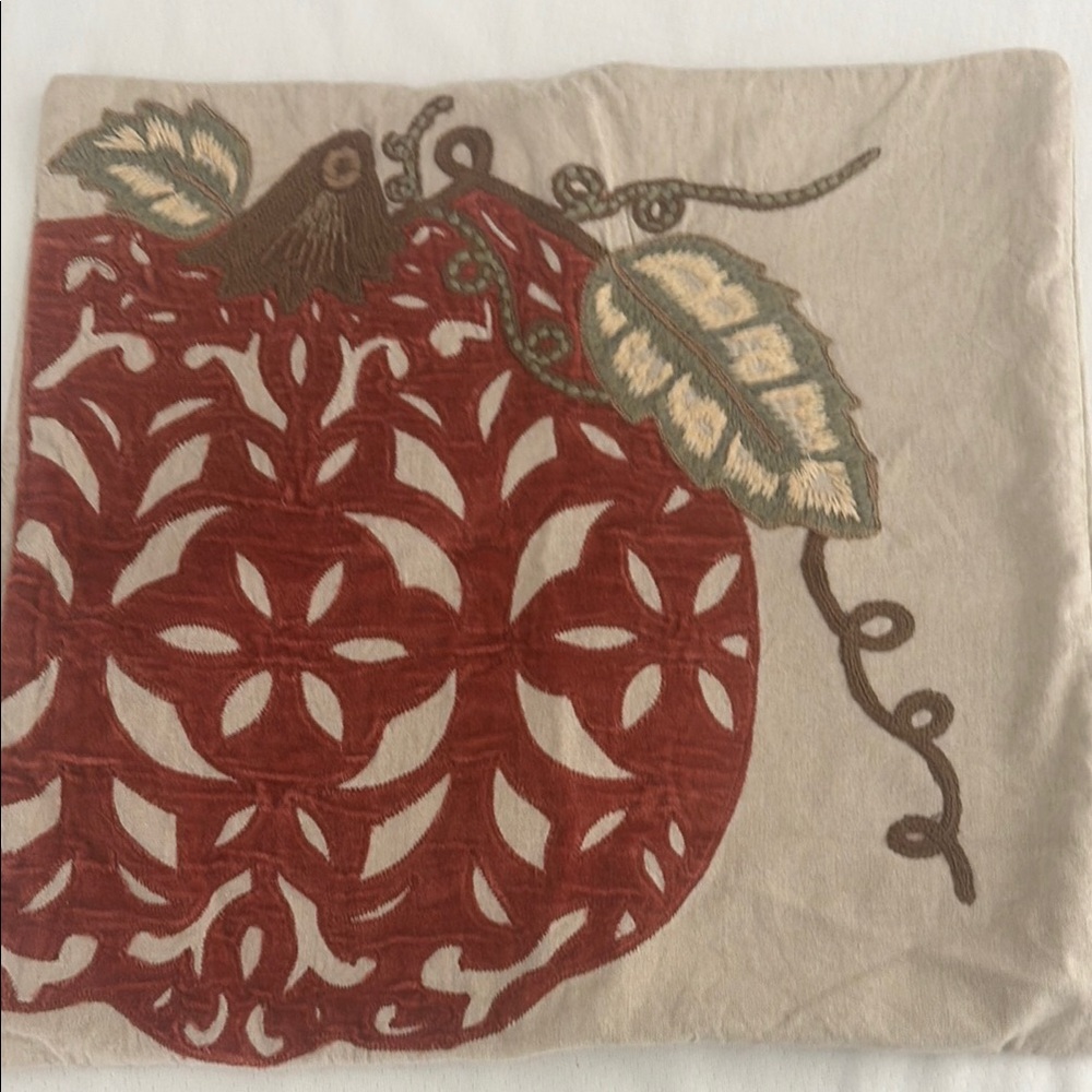 Pottery Barn Red and Beige Embroidered Decorative Pillow Cover